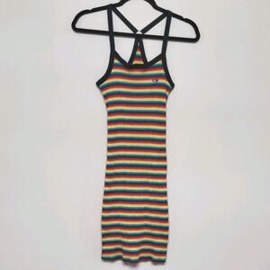 Ocean Pacific Women Rainbow Stripe Bodycon Dress Large Ribbed Knit Y2K 90s Retro